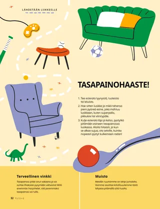 Sivun PDF lusikasta, jossa on pieni pallo, ja polku huonekaluista tehtyjen esteiden läpi