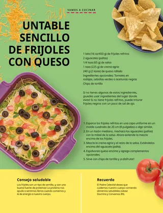 PDF de la página de un tazón con chips de tortilla, un molde con untable de frijoles y tomates