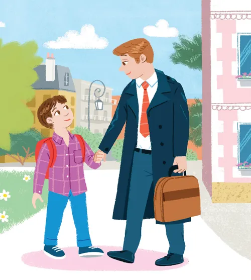 Illustration of young boy and his dad holding hands and walking outside