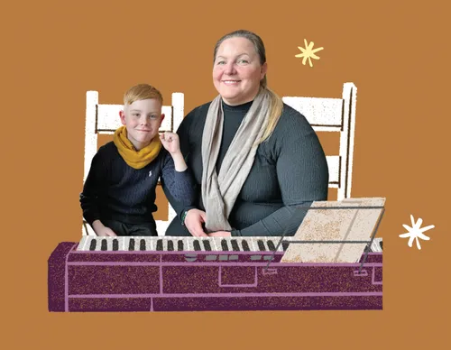 Boy and his mom sitting at a piano
