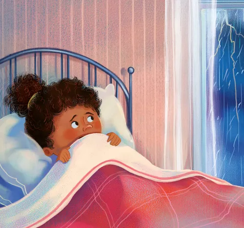girl in bed looking scared of storm outside