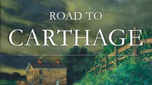 A painted image of green grass and a red brick jail. Words on the image read 'Road to Carthage: A Joseph Smith Paper Podcast.' 