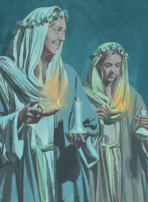 women holding oil lamps
