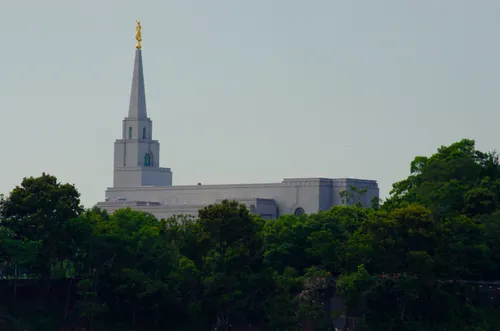 The top of the Manaus Brazil Temple and spire can be seen behind a fence and tree in the evening.