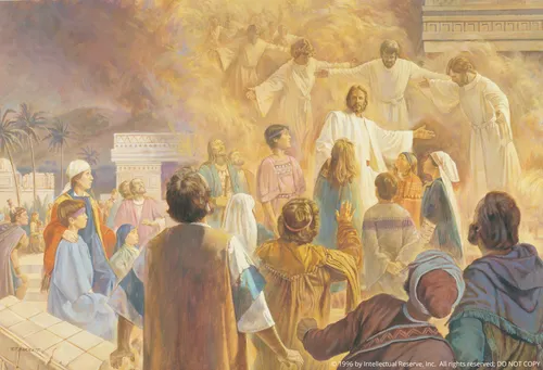 A row of angels in a cloud of warm light gather around Christ and a throng of children who are standing among rubble in the Americas.