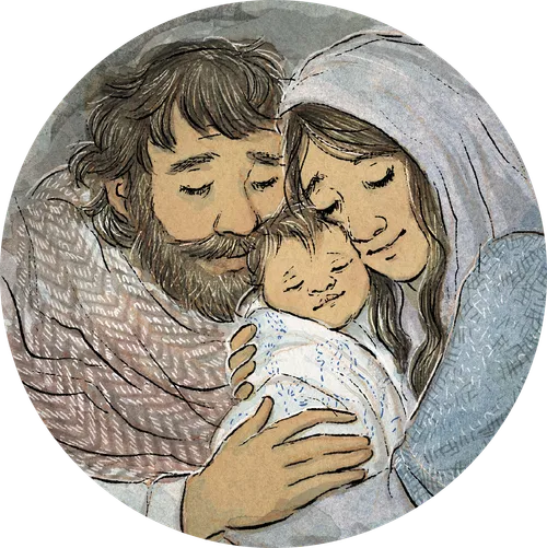 Mary and Joseph hugging baby Jesus