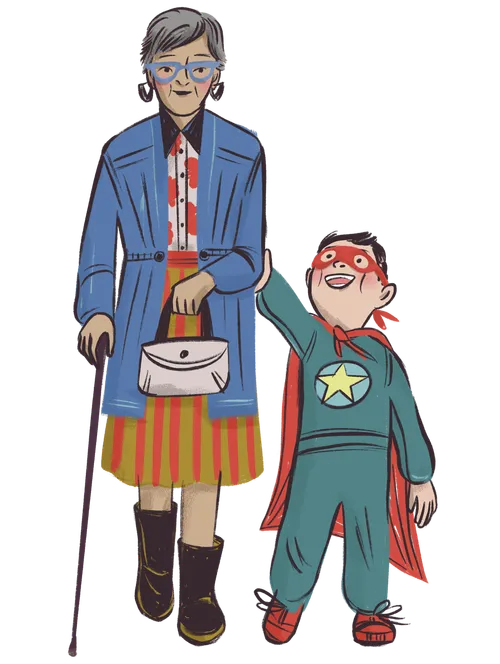 Boy in superhero outfit standing beside older woman with cane