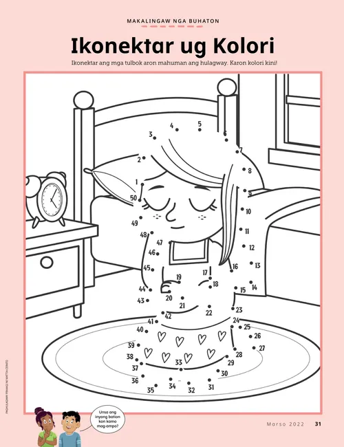 PDF nga pahina nga koloranan sa usa ka batang babaye nga nag-ampo, dugang pa pagsumpay-sumpay sa mga tulbok nga kalihokan