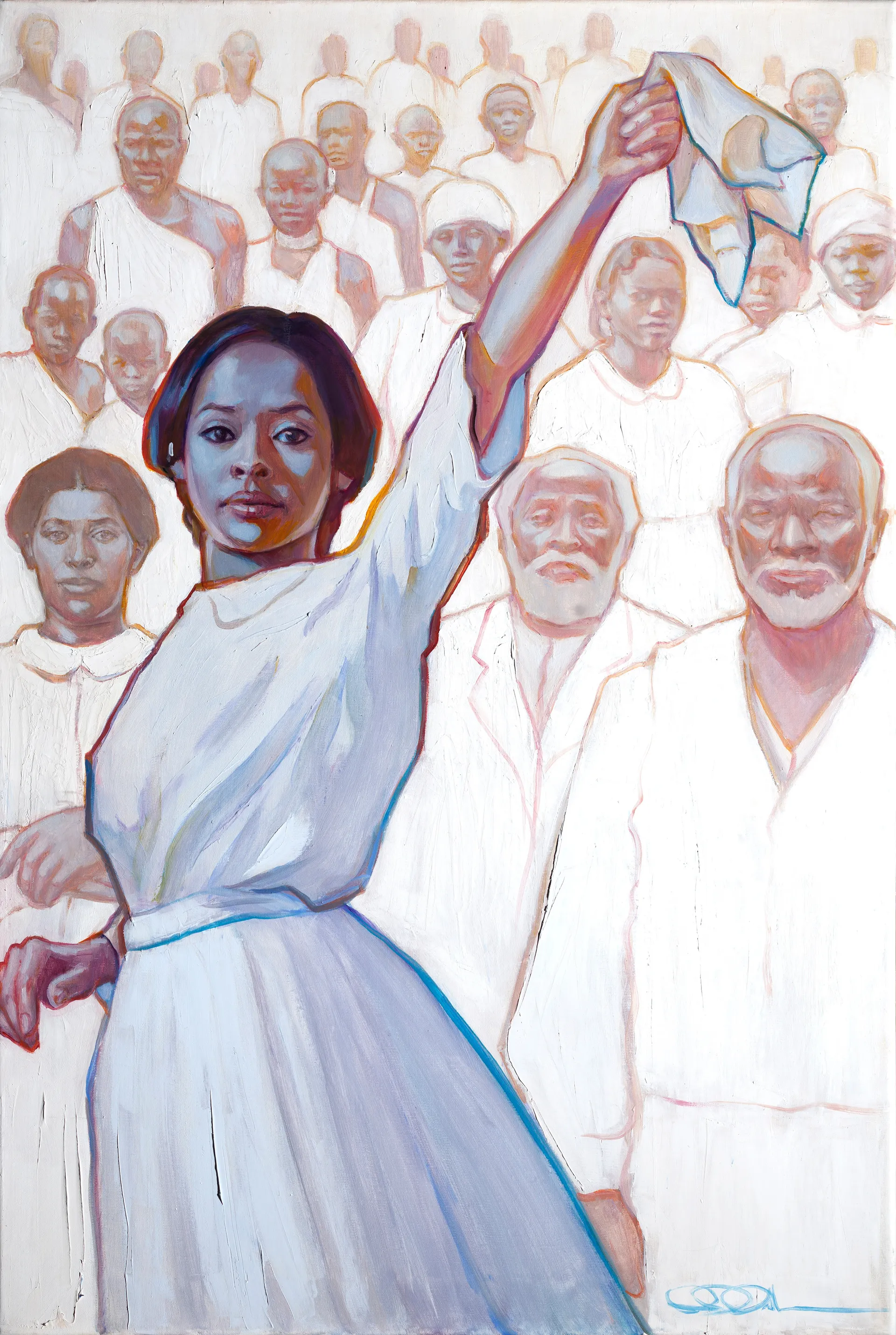 Painting of a woman waving a white handkerchief, with many people of her ethnicity spanning multiple generations standing behind her. © undefined ipCode 1.