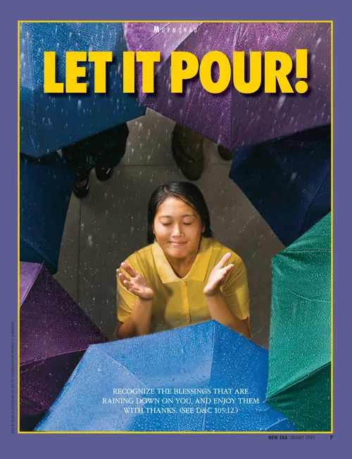 A conceptual photograph of a young woman welcoming falling rain while those around her put up umbrellas, paired with the words “Let It Pour!”