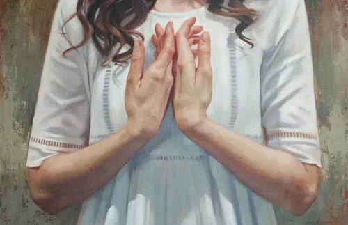 painting of woman with hands up