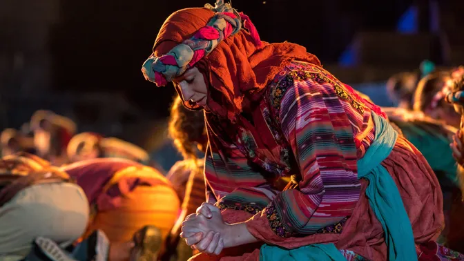 A series of images from the 2018 Hill Cumorah Pageant. Men, women, youth, and children play various parts in the pageant.