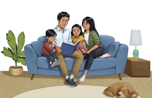 A family reading together on a couch