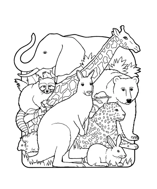A black-and-white illustration of the creation of animals, including an elephant, giraffe, kangaroo, cheetah, rabbit, raccoon, porcupine, mouse, and bear.