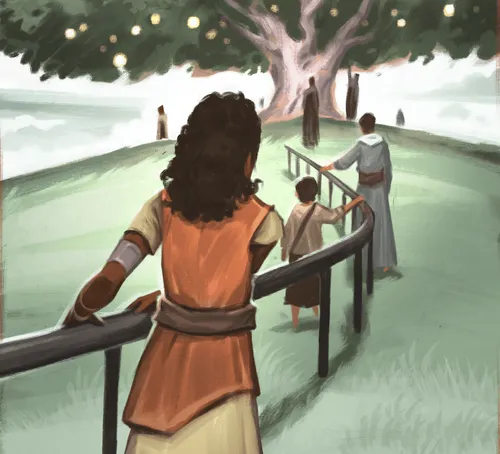 People holding onto the iron rod and going toward the tree of life