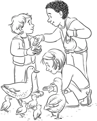 nogle børn fodrer ænder