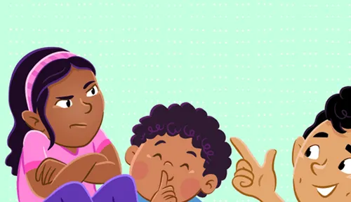 Margo with folded arms looking upset, Lucas holding a finger to his lips, Paolo talking