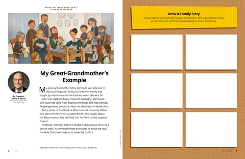 Page PDF of people gathered around a woman sitting at a weaving loom, plus a family history drawing activity