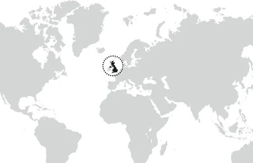 map of world with circle around the United Kingdom