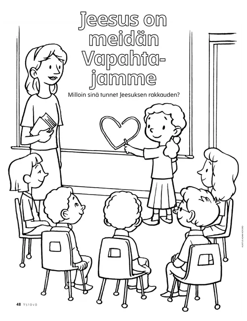 Värityssivu, jolla opettaja ja lapset ovat Alkeisyhdistyksen luokassa ja yksi lapsi piirtää sydämen taululle