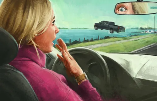 shocked woman viewing a truck sailing through the air