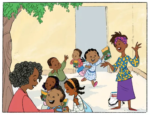 Girl running out of building, holding a magazine, to greet her mom