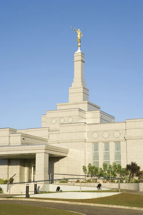 The entrance of the Suva Fiji Temple, including a view of the spire.