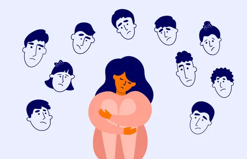 a sad woman surrounded by sad faces