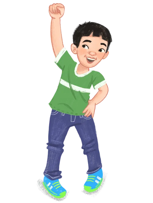 A boy smiling and holding his fist in the air