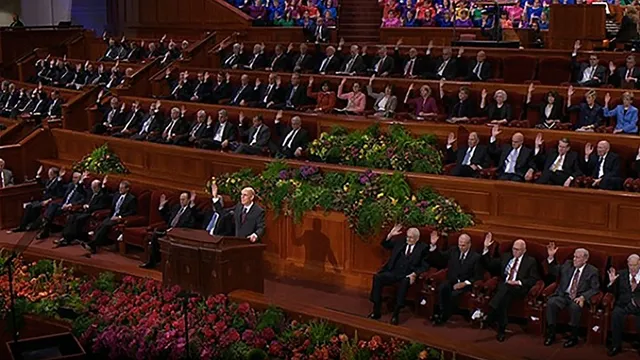 President Henry B. Eyring presents the names of General Authorities and general Church officers to the membership for a sustaining vote.