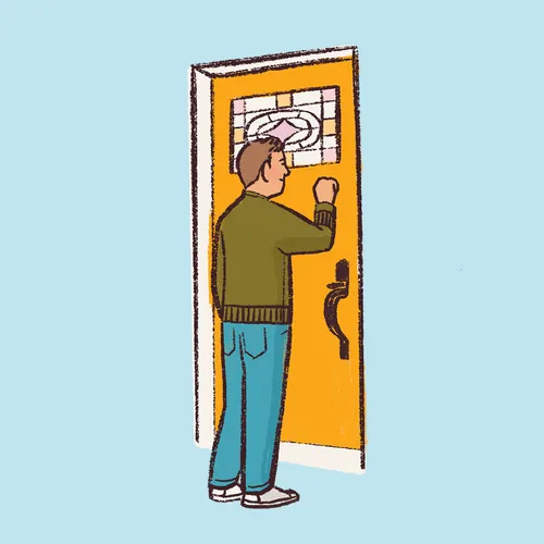 young man knocking on a door