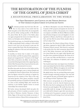 “The Restoration of the Fulness of the Gospel of Jesus Christ”
