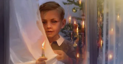 boy with candle at curtains