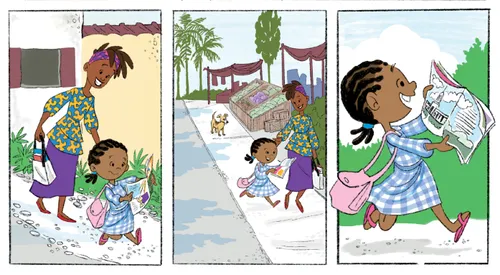 Girl reads magazine as she walks with Mom