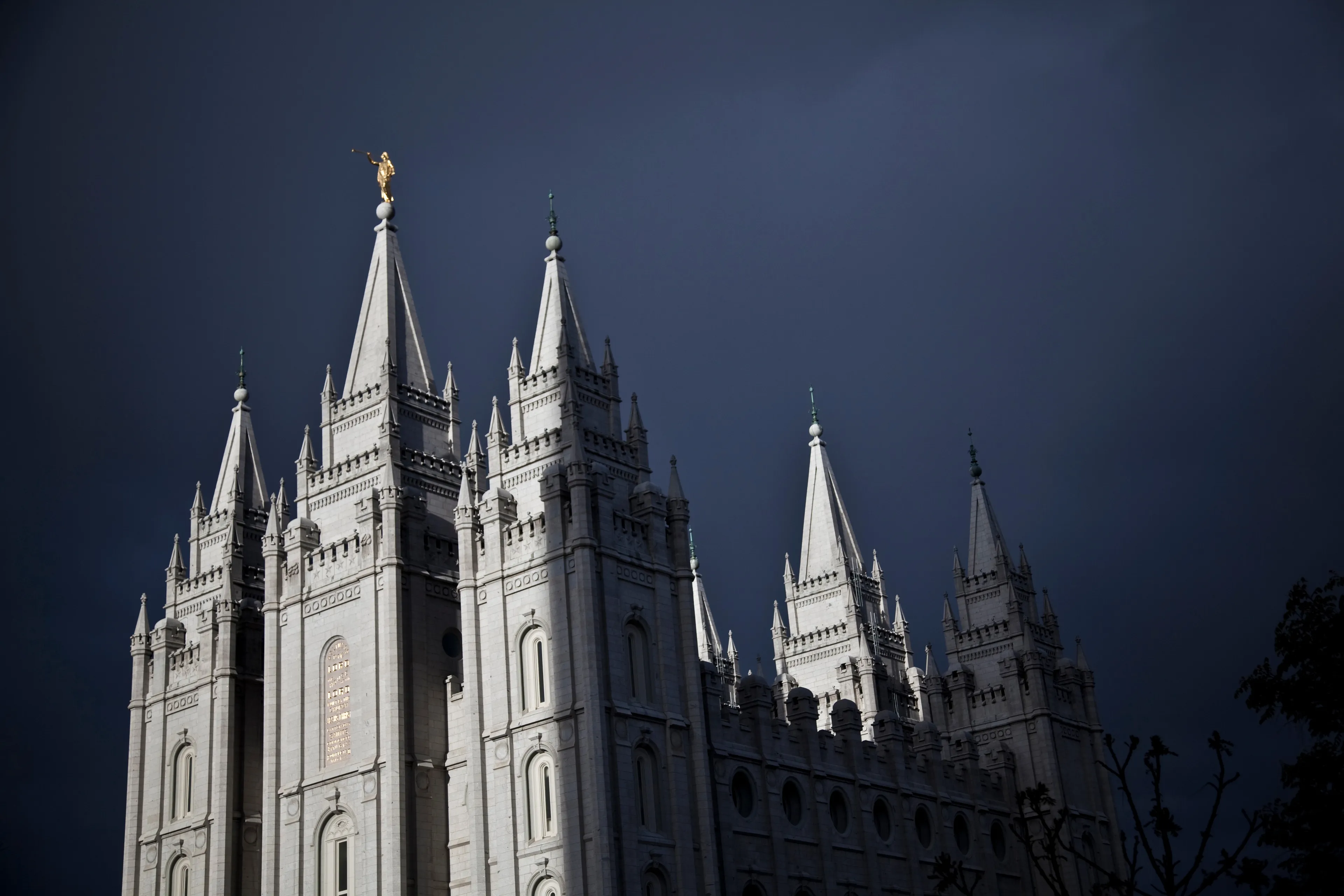 The Salt Lake Temple during a storm.