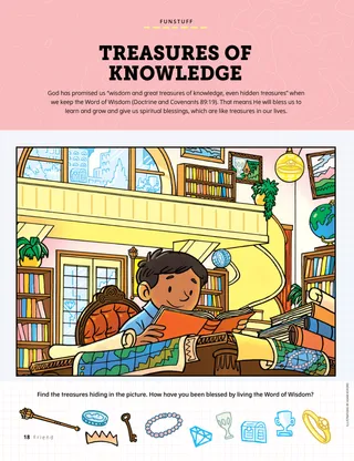 Page PDF of a find-it activity of a boy reading a book in a library