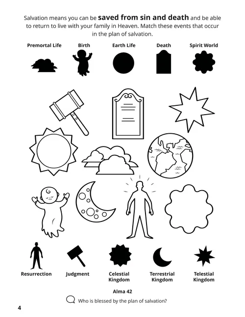 Coloring page PDF of symbols of the Plan of Salvation, plus a matching activity
