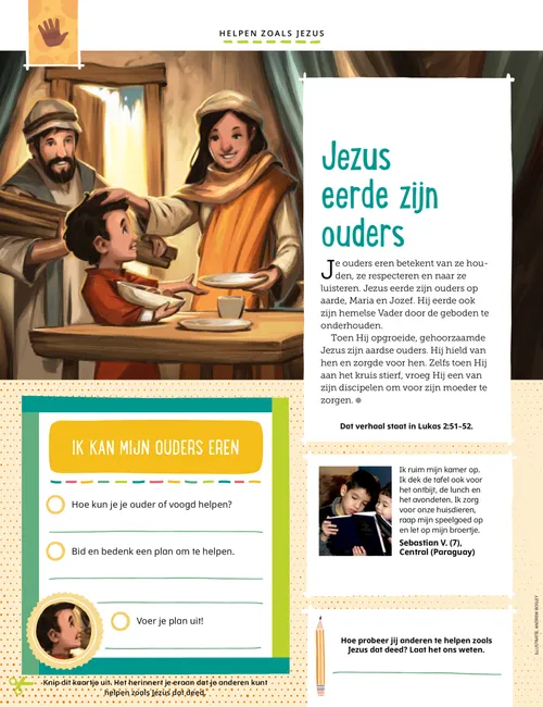 Pdf met illustratie van Jezus Christus die als jongen zijn ouders helpt, plus een schrijfactiviteit