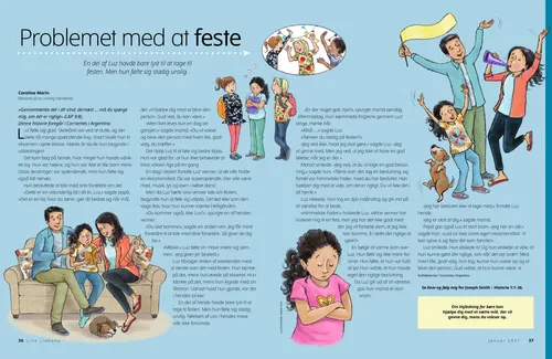 PDF-side med illustrationer af en pige med sine venner, der sidder med sine forældre, beder og fejrer sammen med sine forældre