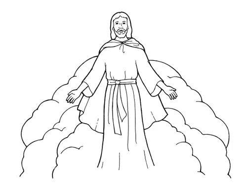 A black and white illustration of Christ, wearing a robe, during the Second Coming.