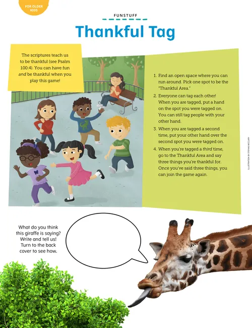 Page PDF of children playing tag, plus an activity to fill in the dialogue for a giraffe
