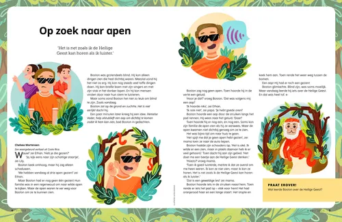 Pdf van een jongen met een donkere bril die apen in het oerwoud probeert te horen