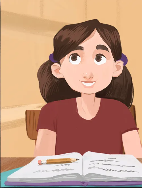Girl smiling with book in front of her on the table