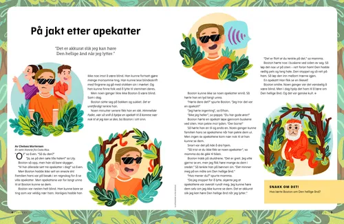 PDF-side av en gutt med mørke briller som lytter etter aper i et jungelmiljø
