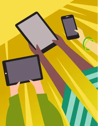 "Pictures depicting different ways that families can discuss and engage with technology together, in wholesome ways, in everyday life"