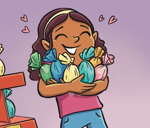 Margo grinning with an armful of giant chocolate eggs