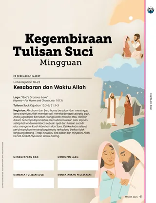 Halaman PDF dengan ilustrasi Abraham, Sara, dan bayi Ishak