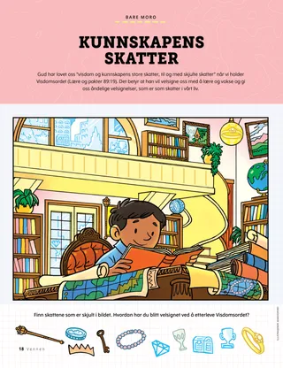 PDF-side av en finn den-aktivitet med en gutt som leser en bok på et bibliotek