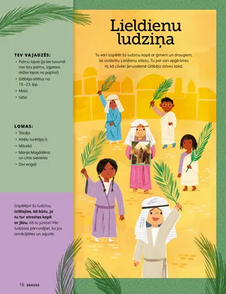Lapa PDF formātā ar attēlu, kurā bērni ģērbušies Bībeles laika apģērbā un tur rokās palmu lapas