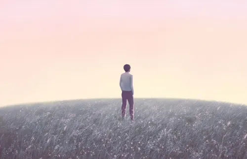 an illustrated figure looking at the sunrise